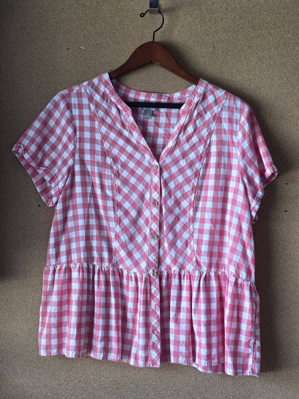 Falls Creek Pink Gingham Peplum Top 1X Babydoll Style
